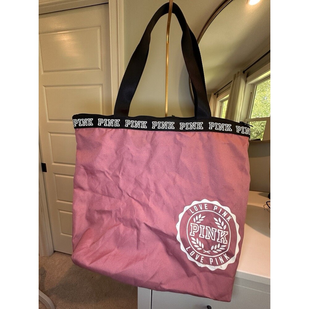 Victoria's Secret PINK Large Canvas Tote Bag Dusty Rose Mauve Zip Top Travel Y2K